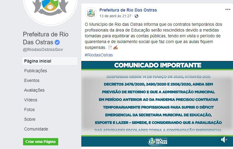 Pelo Facebook, Prefeitura de Rio das Ostras (RJ) anuncia demissão de mais de mil profissionais da Educação
