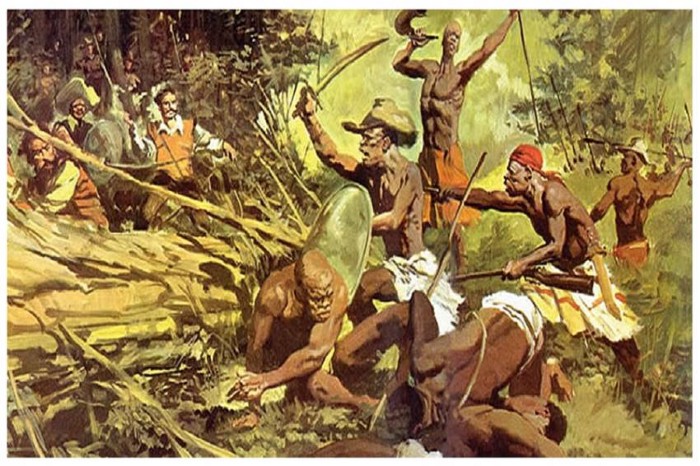 Pintura. Cinco homens quilombolas, com escudos, espadas e um rifle, enfrentam uma tropa na mata