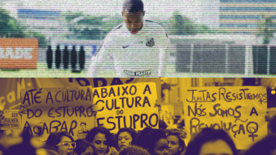 Imagem contem 2 fotos horizontais. Na parte de cima, o jogador Robinho, com a camisa do Santos. Na debaixo, uma manifestação, com o carta Abaixo a cultura do estupro