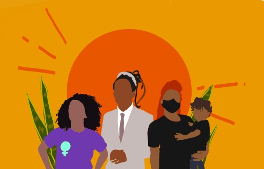 Ilustração. Em um fundo amarelo, com um círculo laranja representando o sol, a silhueta de três pessoas, parlamentares do PSOL: Paula Nunes, Matheus Gomes e Iza Lourença. Iza está com a filha no colo.