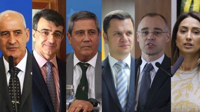 Montagem com fotos dos cinco ministros nomeados. Eles usam terno e gravata, e da secretaria de Governo, que discursa ao microfone.