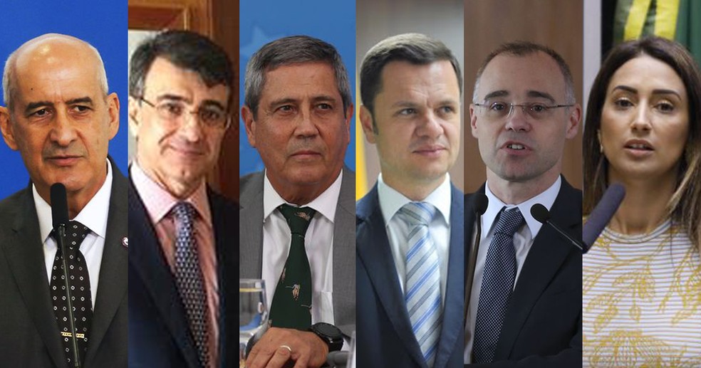 Montagem com fotos dos cinco ministros nomeados. Eles usam terno e gravata, e da secretaria de Governo, que discursa ao microfone.