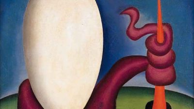 Quadro O Ovo, de Tarsila do Amaral. Na tela, sobre fundo azul, um enorme ovo, branco, e uma serpente, roxa.