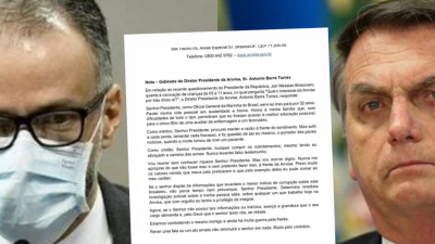 Montagem de fotos. à esquerda, rosto do presidente da Anvisa. Ele usa máscaras. À direita, foto de Bolsonaro. Ao centro, fac-simile da nota.