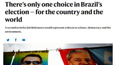 Manchete da Nature "Só há uma escolha para a eleição no Brasil - para o país e para o mundo'