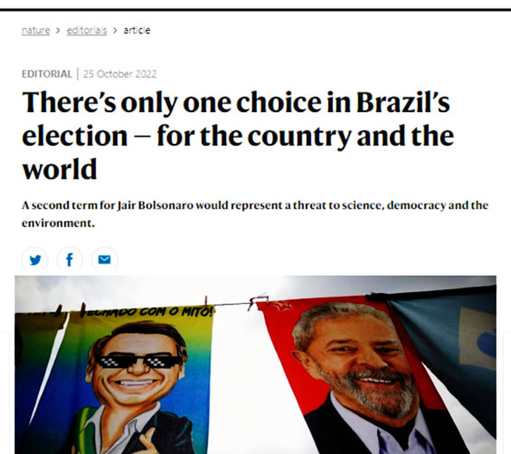 Manchete da Nature "Só há uma escolha para a eleição no Brasil - para o país e para o mundo'